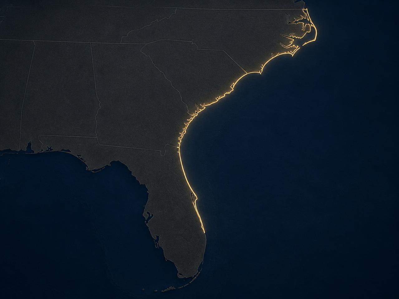 Chart of the U.S. Southeast Atlantic coast from Atlantic Florida through North Carolina