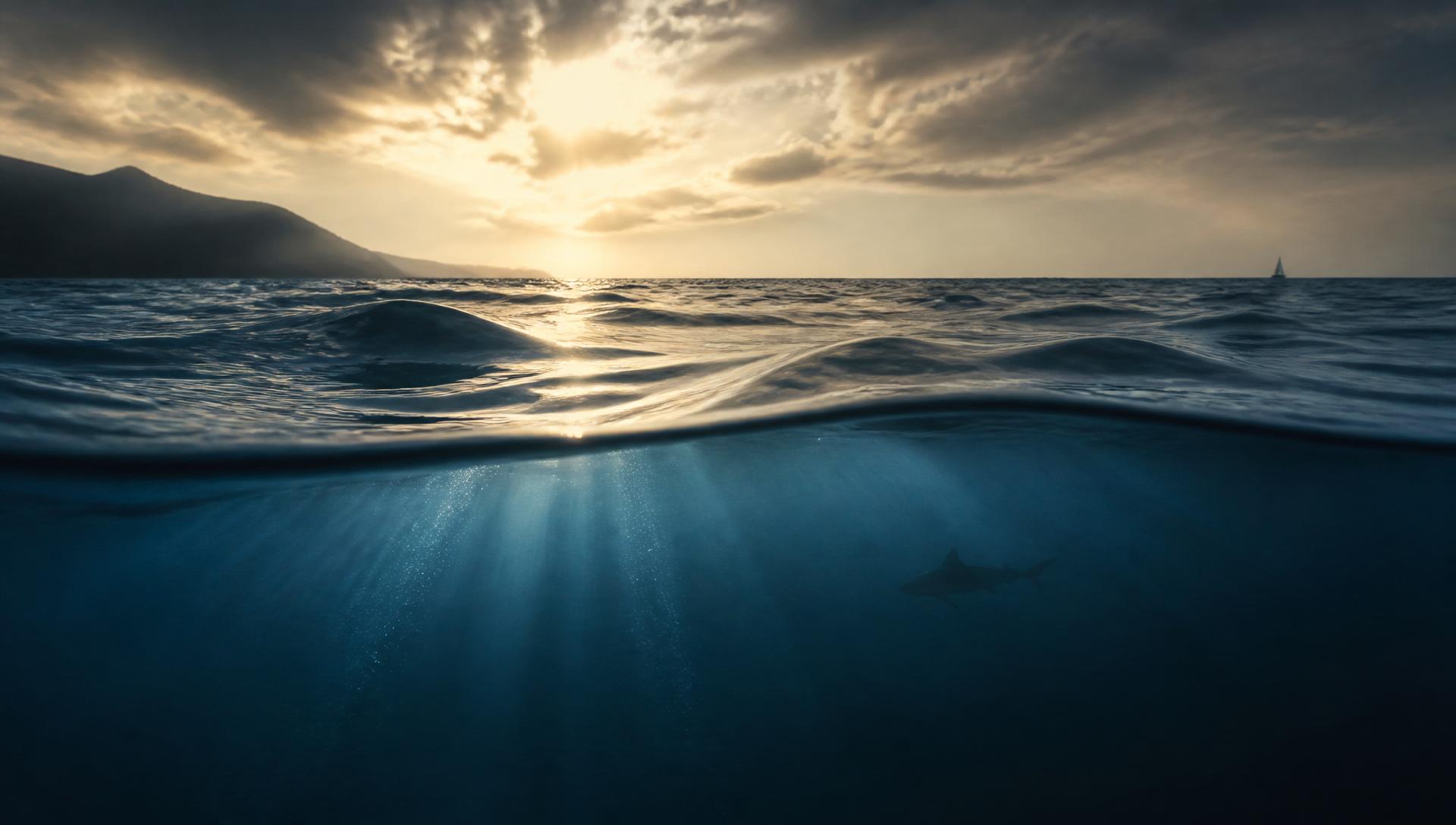 Sunlit ocean surface with a distant shark silhouette below
